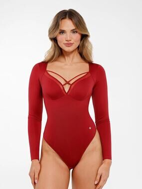 POPILUSH Red Shapewear Long Sleeve Mesh Inset Tummy Control Bodysuit sz Large